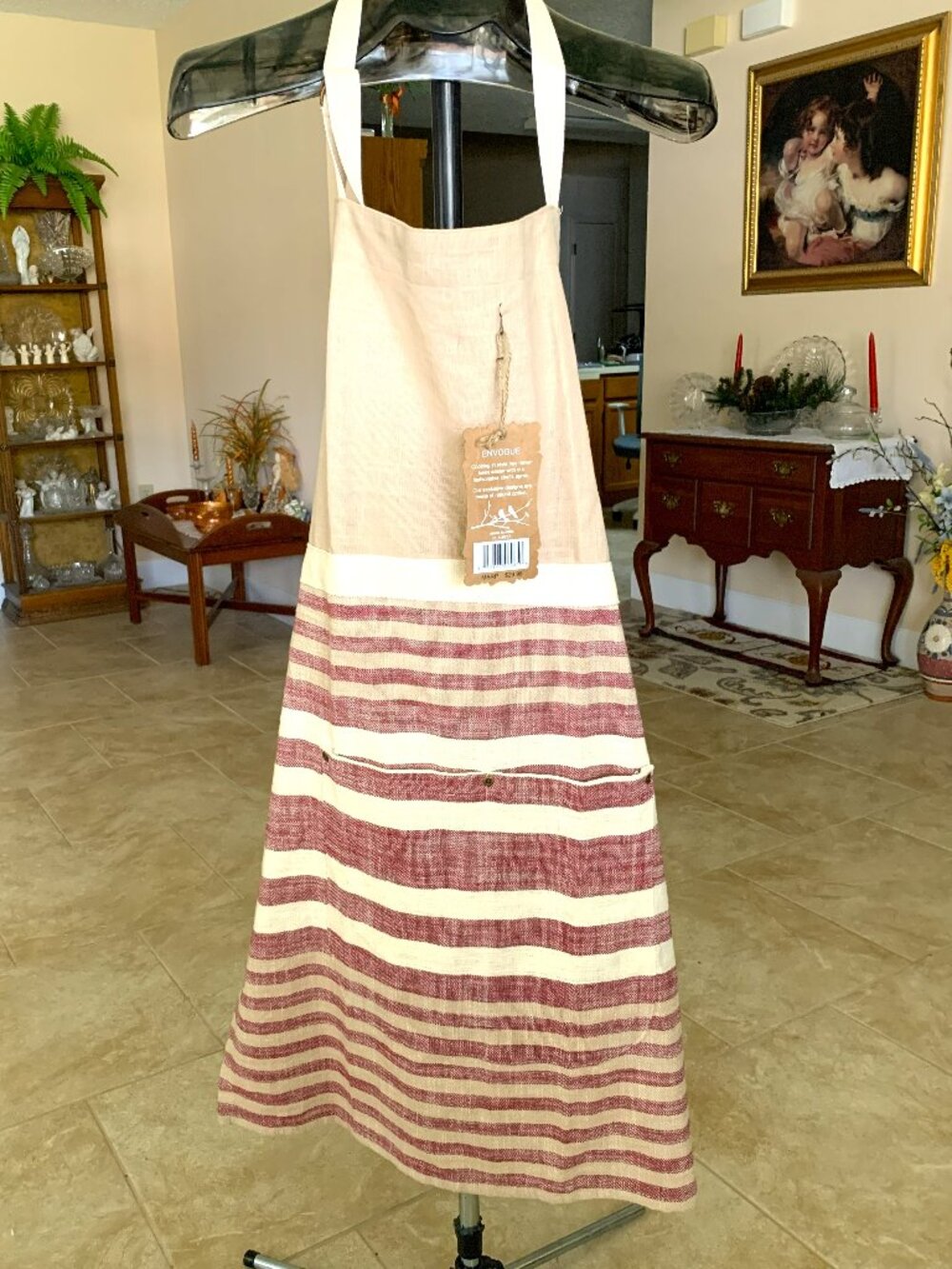 NWT Envogue Chef's Apron Ticking Stripe Beige/Red Cotton Adjustable Neck Pockets